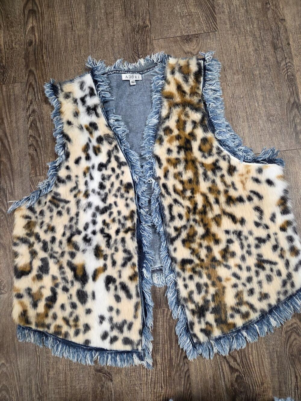 ADORE Faux Leopard Print Animal Fur Denim Vest Fringed Western XL